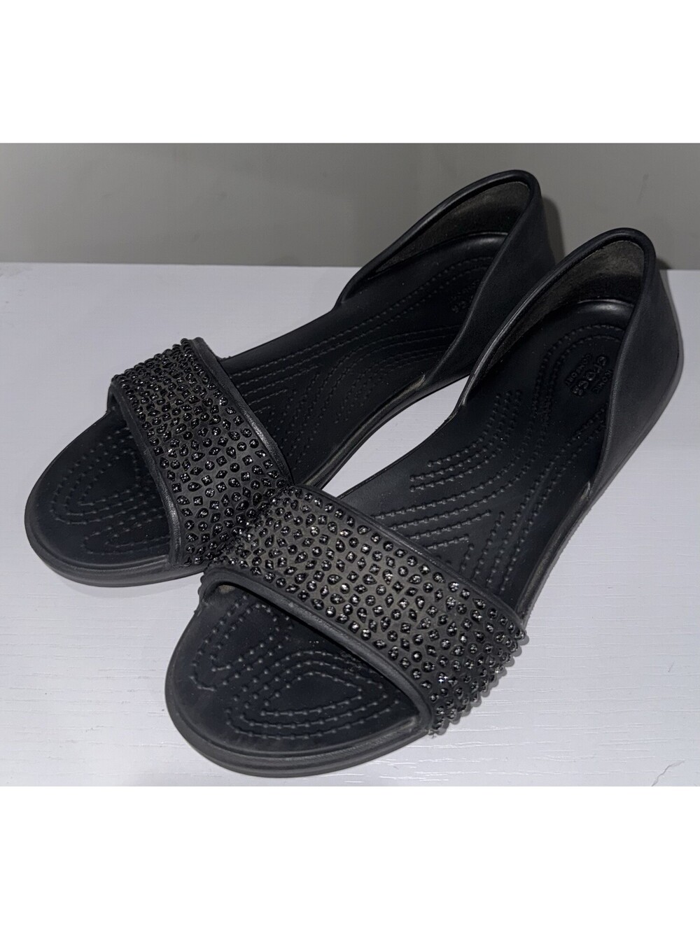 Crocs Lina Embellished D'Orsay Sandals Womens 7 Black Comfort Flats Shoes